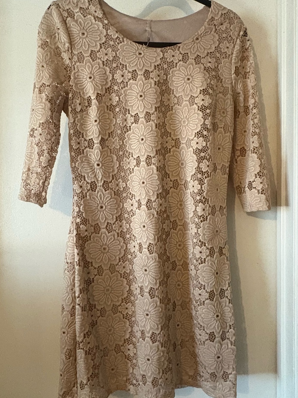 Crece Nude Blush Gold Floral Lace 3/4 Sleeve Shift Mini Dress (Fits like Small)